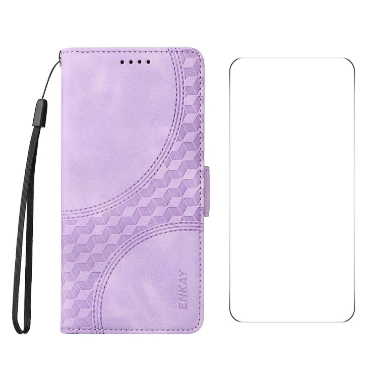 For iPhone 16e ENKAY Embossed Rhombus Starry Leather Phone Case with Screen Film(Purple) by ENKAY