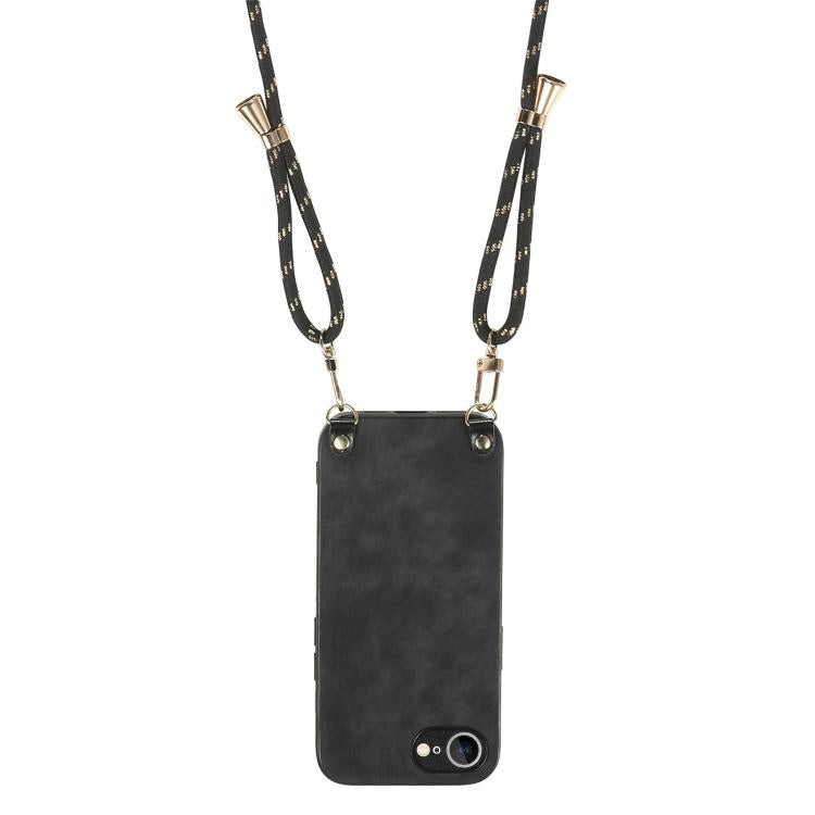 For iPhone 16e Vintage Leather PC Back Cover Phone Case with Crossbody Strap(Black) by bashfashion