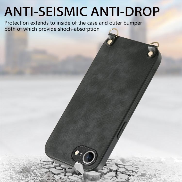 For iPhone 16e Vintage Leather PC Back Cover Phone Case with Crossbody Strap(Black) by bashfashion