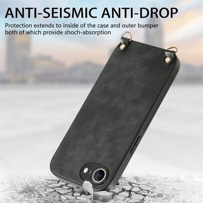 For iPhone 16e Vintage Leather PC Back Cover Phone Case with Crossbody Strap(Black) by bashfashion