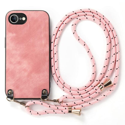 For iPhone 16e Vintage Leather PC Back Cover Phone Case with Crossbody Strap(Pink) by bashfashion