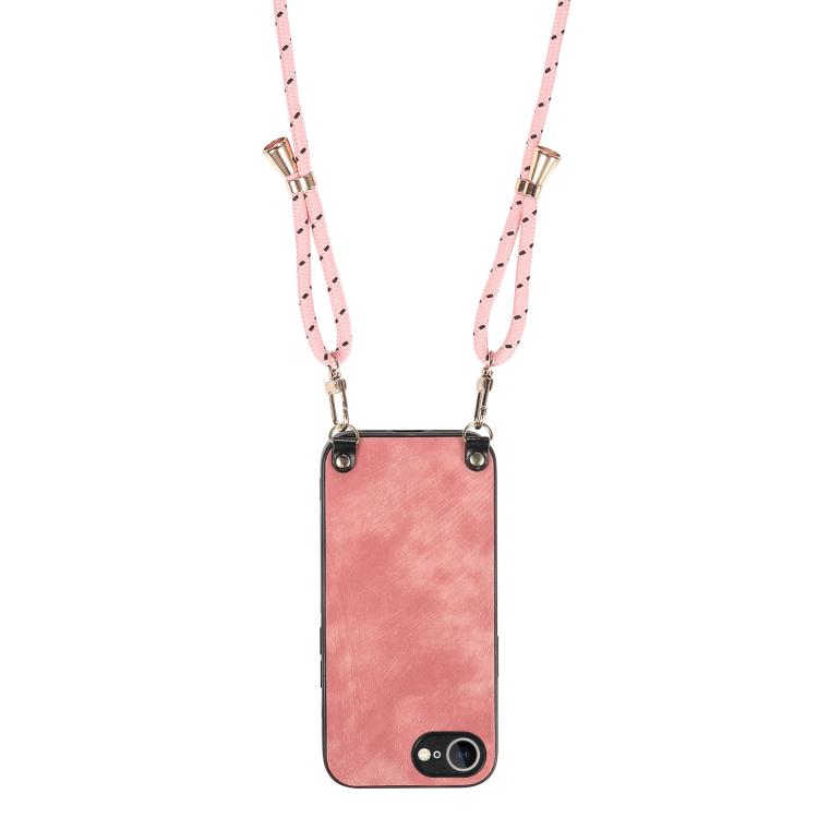 For iPhone 16e Vintage Leather PC Back Cover Phone Case with Crossbody Strap(Pink) by bashfashion