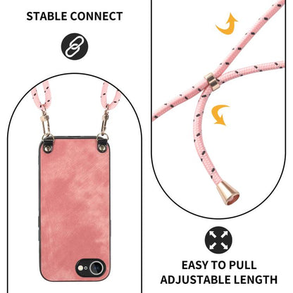 For iPhone 16e Vintage Leather PC Back Cover Phone Case with Crossbody Strap(Pink) by bashfashion