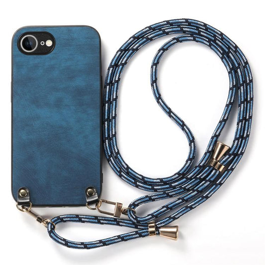 For iPhone 16e Vintage Leather PC Back Cover Phone Case with Crossbody Strap(Blue) by bashfashion