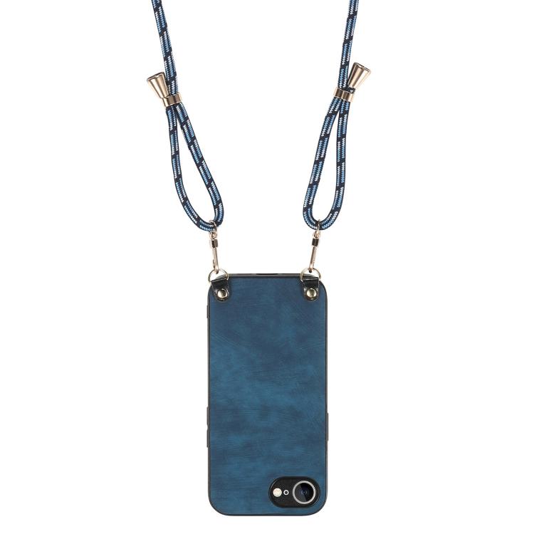 For iPhone 16e Vintage Leather PC Back Cover Phone Case with Crossbody Strap(Blue) by bashfashion