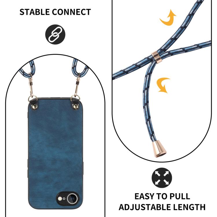 For iPhone 16e Vintage Leather PC Back Cover Phone Case with Crossbody Strap(Blue) by bashfashion