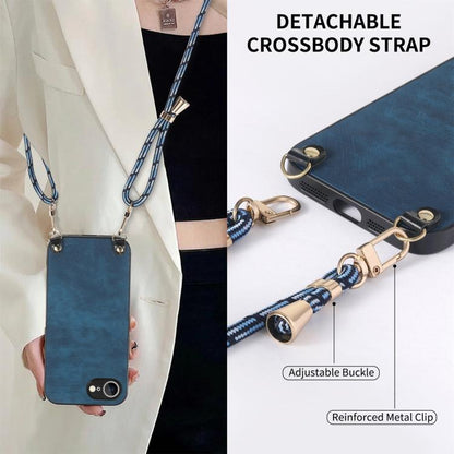 For iPhone 16e Vintage Leather PC Back Cover Phone Case with Crossbody Strap(Blue) by bashfashion