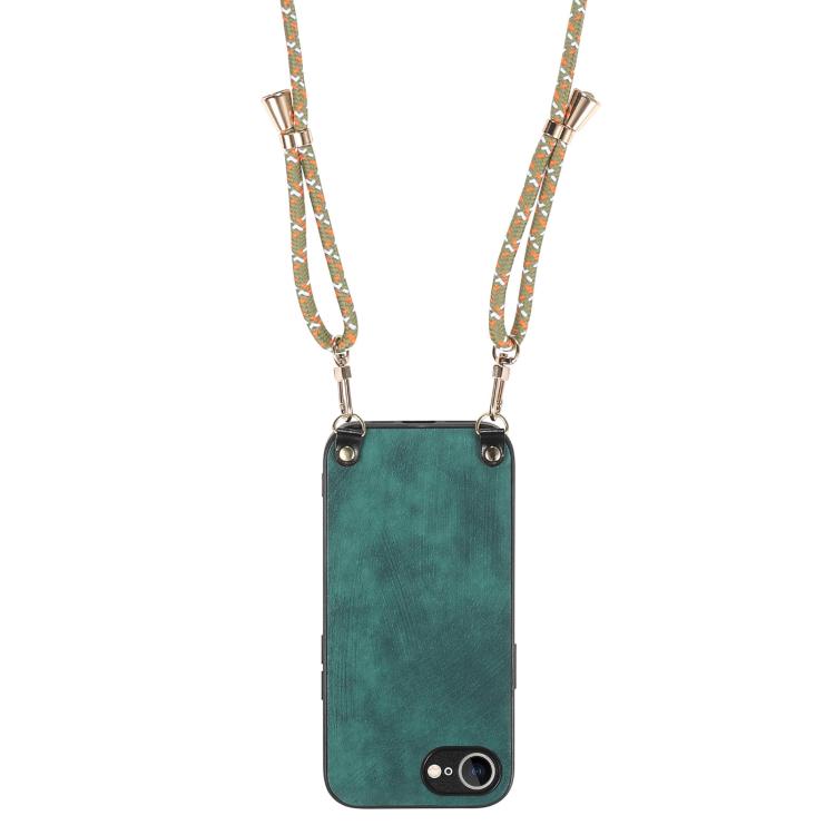 For iPhone 16e Vintage Leather PC Back Cover Phone Case with Crossbody Strap(Green) by bashfashion