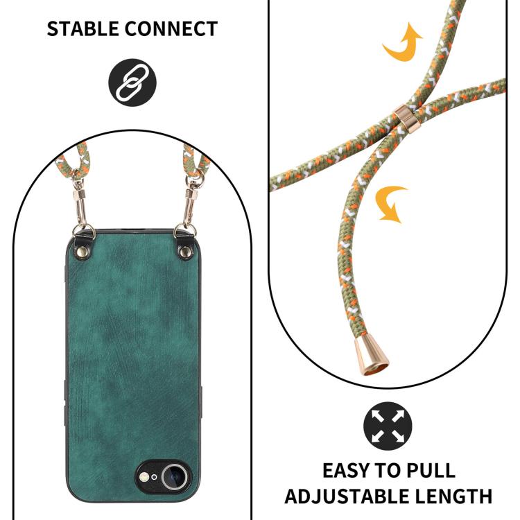 For iPhone 16e Vintage Leather PC Back Cover Phone Case with Crossbody Strap(Green) by bashfashion