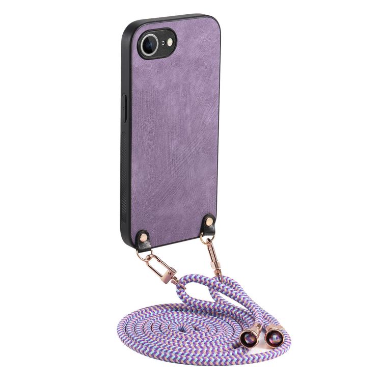 For iPhone 16e Vintage Leather PC Back Cover Phone Case with Crossbody Strap(Purple) by bashfashion