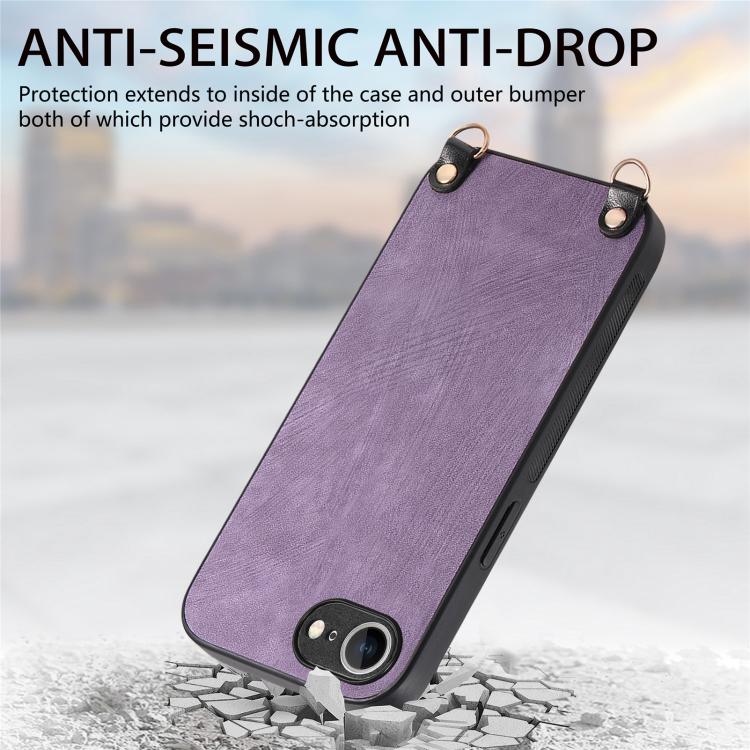 For iPhone 16e Vintage Leather PC Back Cover Phone Case with Crossbody Strap(Purple) by bashfashion