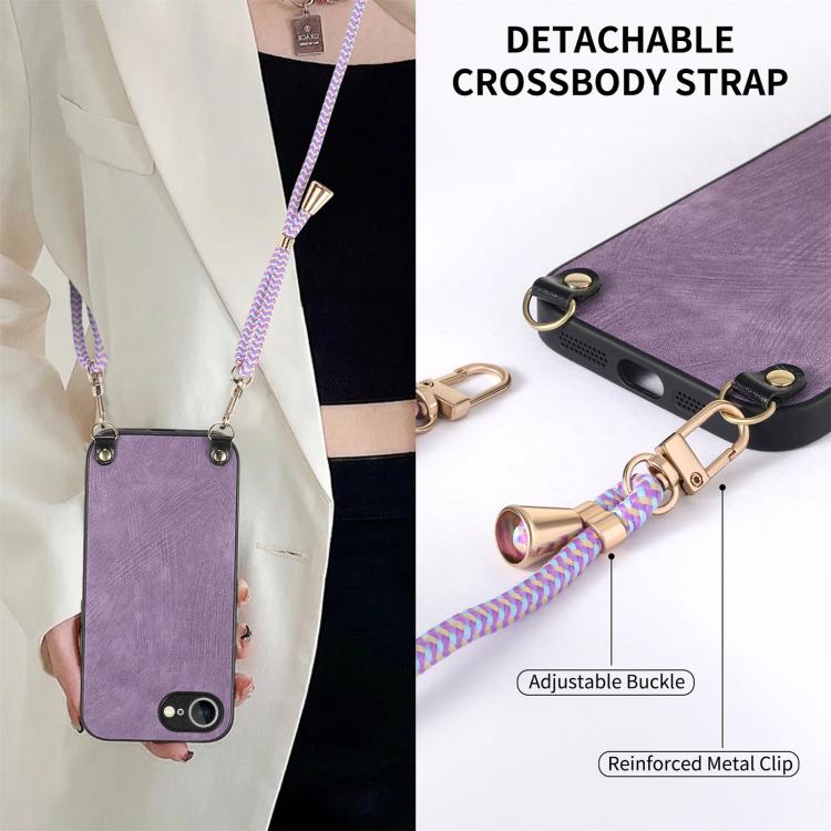 For iPhone 16e Vintage Leather PC Back Cover Phone Case with Crossbody Strap(Purple) by bashfashion