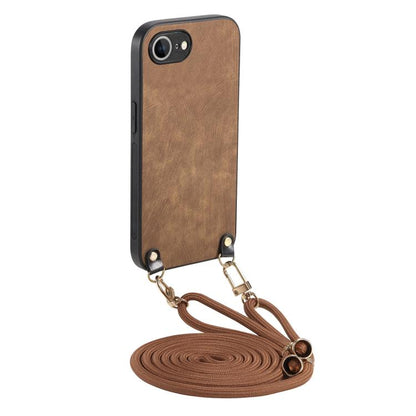 For iPhone 16e Vintage Leather PC Back Cover Phone Case with Crossbody Strap(Brown) by bashfashion