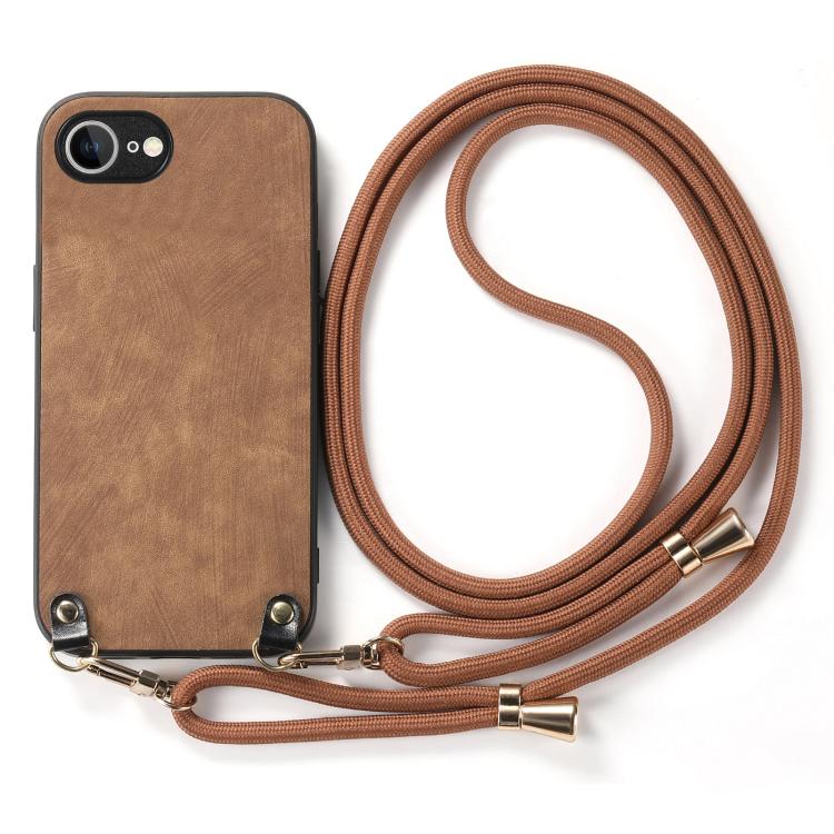 For iPhone 16e Vintage Leather PC Back Cover Phone Case with Crossbody Strap(Brown) by bashfashion