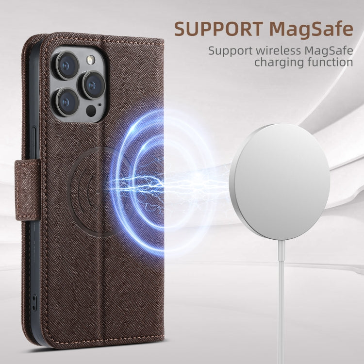 For iPhone 15 Suteni J08 Multifunctional Cross Texture MagSafe Leather Phone Case(Brown) by Suteni