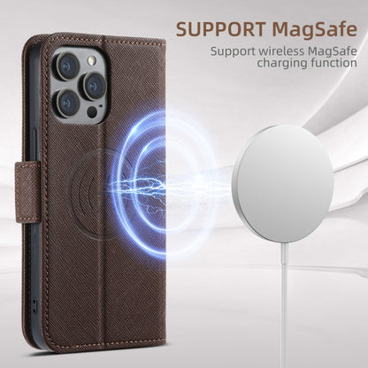 For iPhone 15 Suteni J08 Multifunctional Cross Texture MagSafe Leather Phone Case(Brown) by Suteni