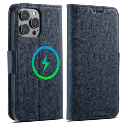 For iPhone 15 Suteni J08 Multifunctional Cross Texture MagSafe Leather Phone Case(Blue) by Suteni