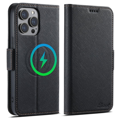 For iPhone 15 Pro Suteni J08 Multifunctional Cross Texture MagSafe Leather Phone Case(Black) by Suteni