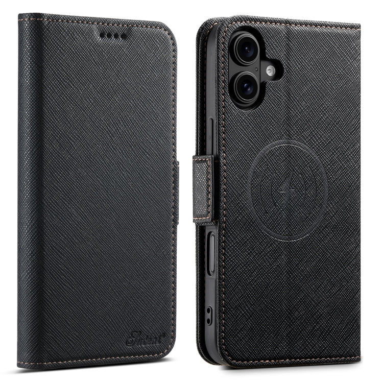 For iPhone 16 Plus Suteni J08 Multifunctional Cross Texture MagSafe Leather Phone Case(Black) by Suteni