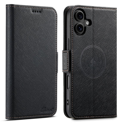 For iPhone 16 Plus Suteni J08 Multifunctional Cross Texture MagSafe Leather Phone Case(Black) by Suteni