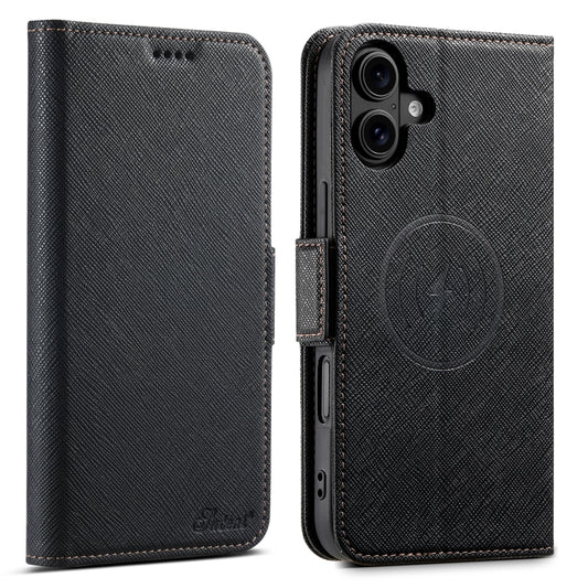 For iPhone 16 Plus Suteni J08 Multifunctional Cross Texture MagSafe Leather Phone Case(Black) by Suteni