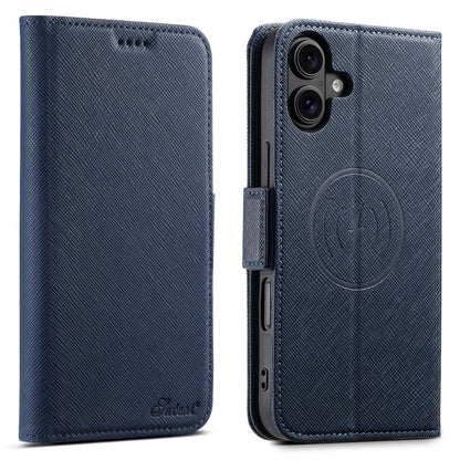 For iPhone 16 Plus Suteni J08 Multifunctional Cross Texture MagSafe Leather Phone Case(Blue) by Suteni