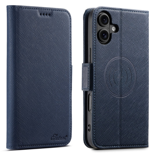 For iPhone 16 Plus Suteni J08 Multifunctional Cross Texture MagSafe Leather Phone Case(Blue) by Suteni