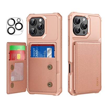 For iPhone 16 Pro Max ENKAY Hat-Prince Card Slot Wallet TPU Back Leather Phone Case with Lens Film(Rose Gold) by ENKAY