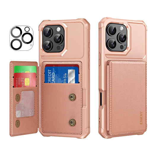 For iPhone 16 Pro Max ENKAY Hat-Prince Card Slot Wallet TPU Back Leather Phone Case with Lens Film(Rose Gold) by ENKAY