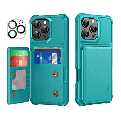 For iPhone 16 Pro Max ENKAY Hat-Prince Card Slot Wallet TPU Back Leather Phone Case with Lens Film(Cyan) by ENKAY