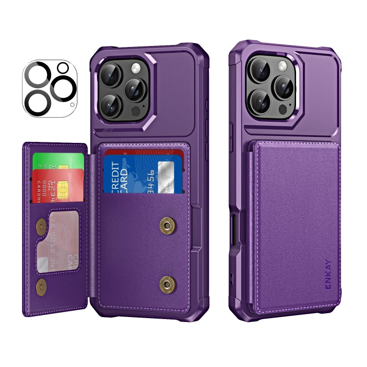 For iPhone 16 Pro Max ENKAY Hat-Prince Card Slot Wallet TPU Back Leather Phone Case with Lens Film(Purple) by ENKAY