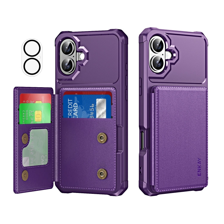 For iPhone 16 Plus ENKAY Hat-Prince Card Slot Wallet TPU Back Leather Phone Case with Lens Film(Purple) by ENKAY