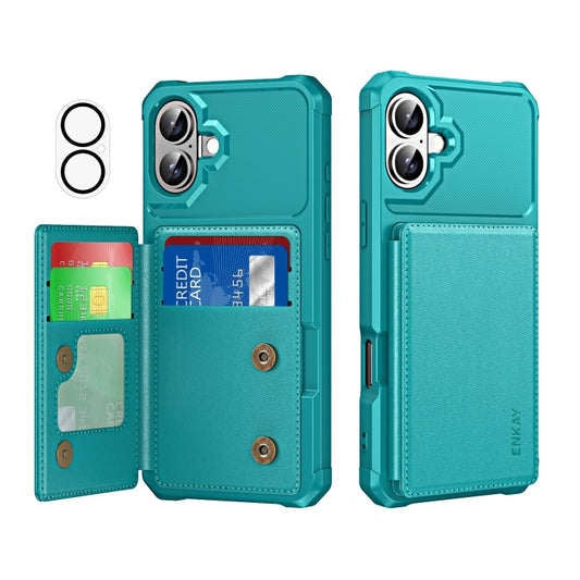 For iPhone 16 ENKAY Hat-Prince Card Slot Wallet TPU Back Leather Phone Case with Lens Film(Cyan) by ENKAY