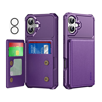 For iPhone 16 ENKAY Hat-Prince Card Slot Wallet TPU Back Leather Phone Case with Lens Film(Purple) by ENKAY