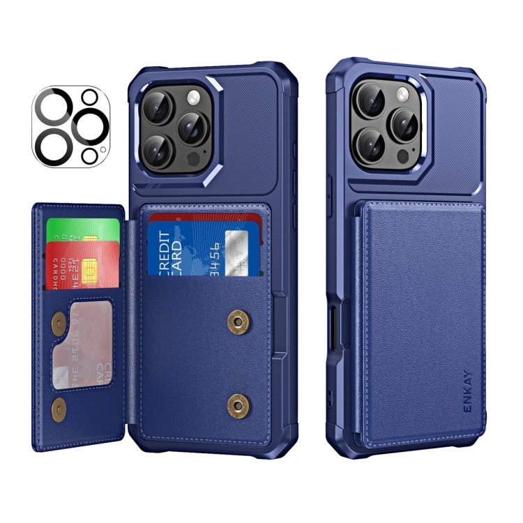 For iPhone 15 Pro Max ENKAY Hat-Prince Card Slot Wallet TPU Back Leather Phone Case with Lens Film(Dark Blue) by ENKAY