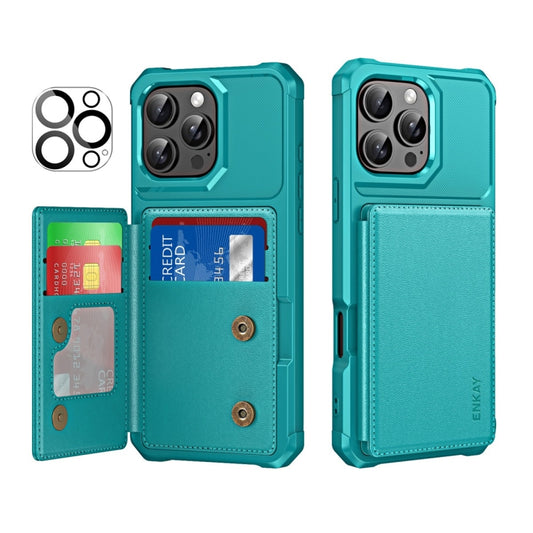 For iPhone 15 Pro Max ENKAY Hat-Prince Card Slot Wallet TPU Back Leather Phone Case with Lens Film(Cyan) by ENKAY