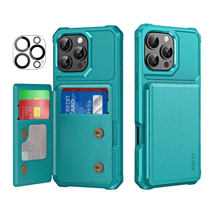 For iPhone 15 Pro ENKAY Hat-Prince Card Slot Wallet TPU Back Leather Phone Case with Lens Film(Cyan) by ENKAY