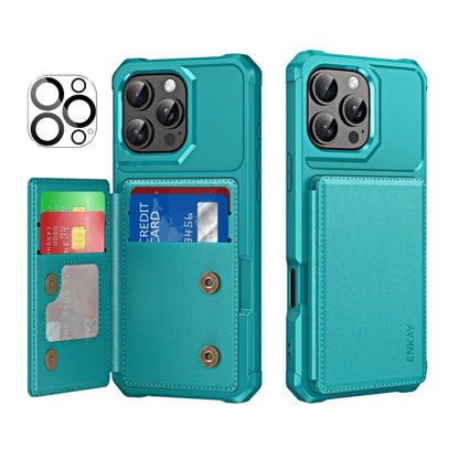 For iPhone 15 Pro ENKAY Hat-Prince Card Slot Wallet TPU Back Leather Phone Case with Lens Film(Cyan) by ENKAY