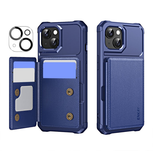 For iPhone 15 Plus ENKAY Hat-Prince Card Slot Wallet TPU Back Leather Phone Case with Lens Film(Dark Blue) by ENKAY