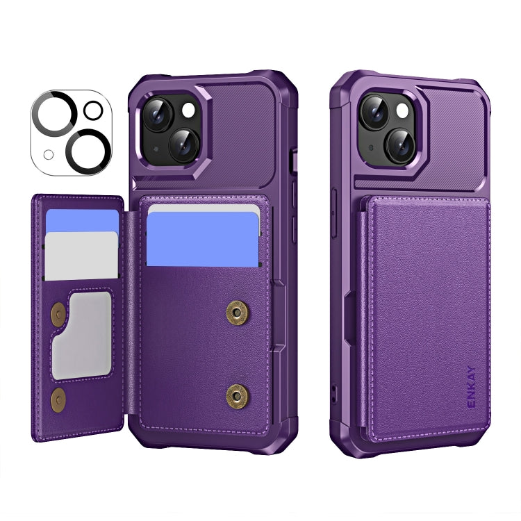 For iPhone 15 Plus ENKAY Hat-Prince Card Slot Wallet TPU Back Leather Phone Case with Lens Film(Purple) by ENKAY