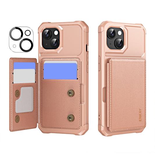 For iPhone 15 ENKAY Hat-Prince Card Slot Wallet TPU Back Leather Phone Case with Lens Film(Rose Gold) by ENKAY
