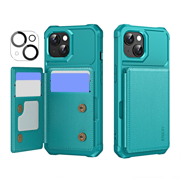 For iPhone 15 ENKAY Hat-Prince Card Slot Wallet TPU Back Leather Phone Case with Lens Film(Cyan) by ENKAY