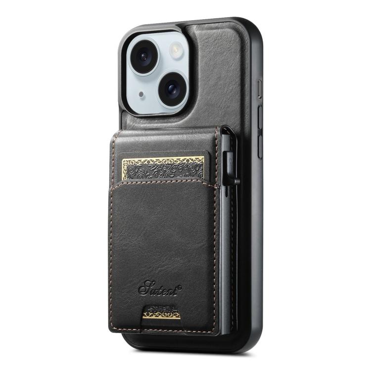 For iPhone 15 Plus Suteni H19 Oil Wax 2-in-1 MagSafe Removable Card Box Back Phone Case(Black) by Suteni