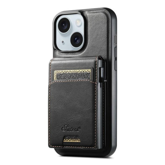 For iPhone 15 Plus Suteni H19 Oil Wax 2-in-1 MagSafe Removable Card Box Back Phone Case(Black) by Suteni