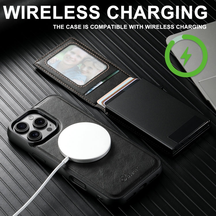 For iPhone 15 Plus Suteni H19 Oil Wax 2-in-1 MagSafe Removable Card Box Back Phone Case(Black) by Suteni