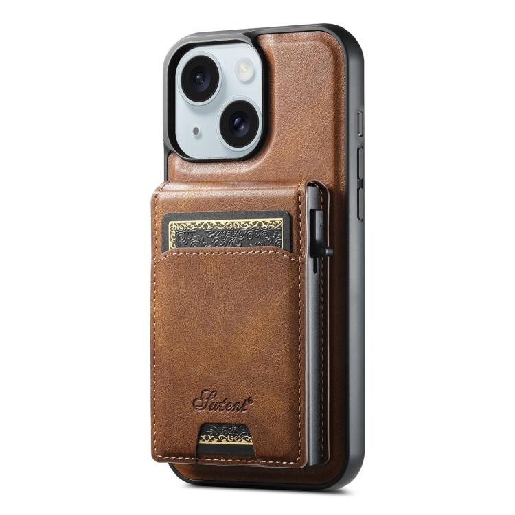 For iPhone 15 Suteni H19 Oil Wax 2-in-1 MagSafe Removable Card Box Back Phone Case(Brown) by Suteni