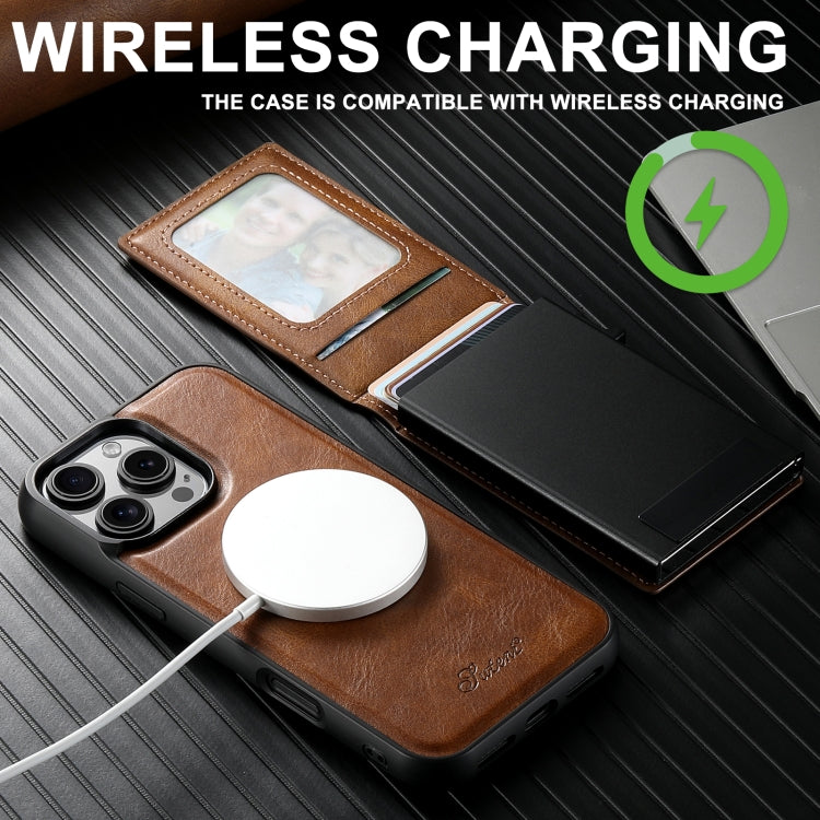 For iPhone 15 Suteni H19 Oil Wax 2-in-1 MagSafe Removable Card Box Back Phone Case(Brown) by Suteni