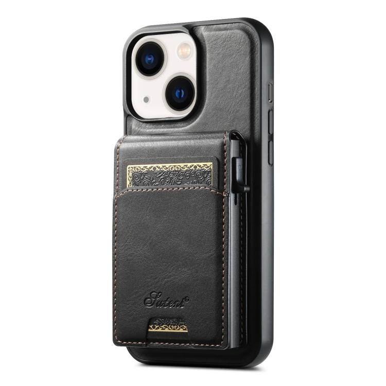 For iPhone 14 Plus Suteni H19 Oil Wax 2-in-1 MagSafe Removable Card Box Back Phone Case(Black) by Suteni