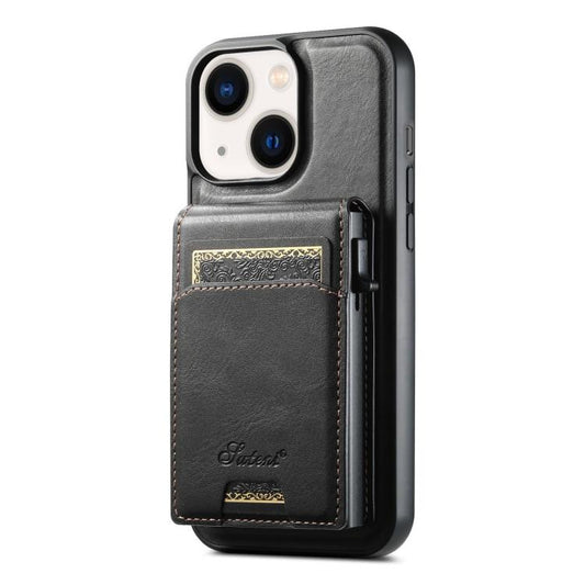 For iPhone 14 Suteni H19 Oil Wax 2-in-1 MagSafe Removable Card Box Back Phone Case(Black) by Suteni
