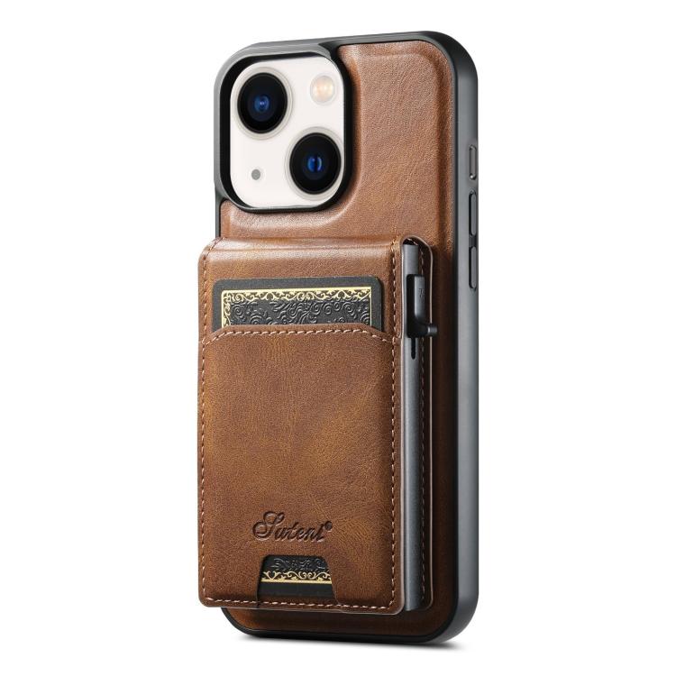 For iPhone 13 Suteni H19 Oil Wax 2-in-1 MagSafe Removable Card Box Back Phone Case(Brown) by Suteni